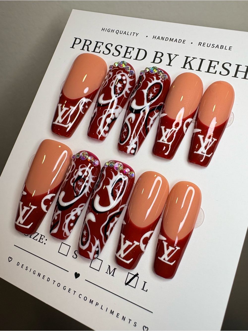 Luxury Red and Nude Press-On Nail Set with Rhinestone Accent